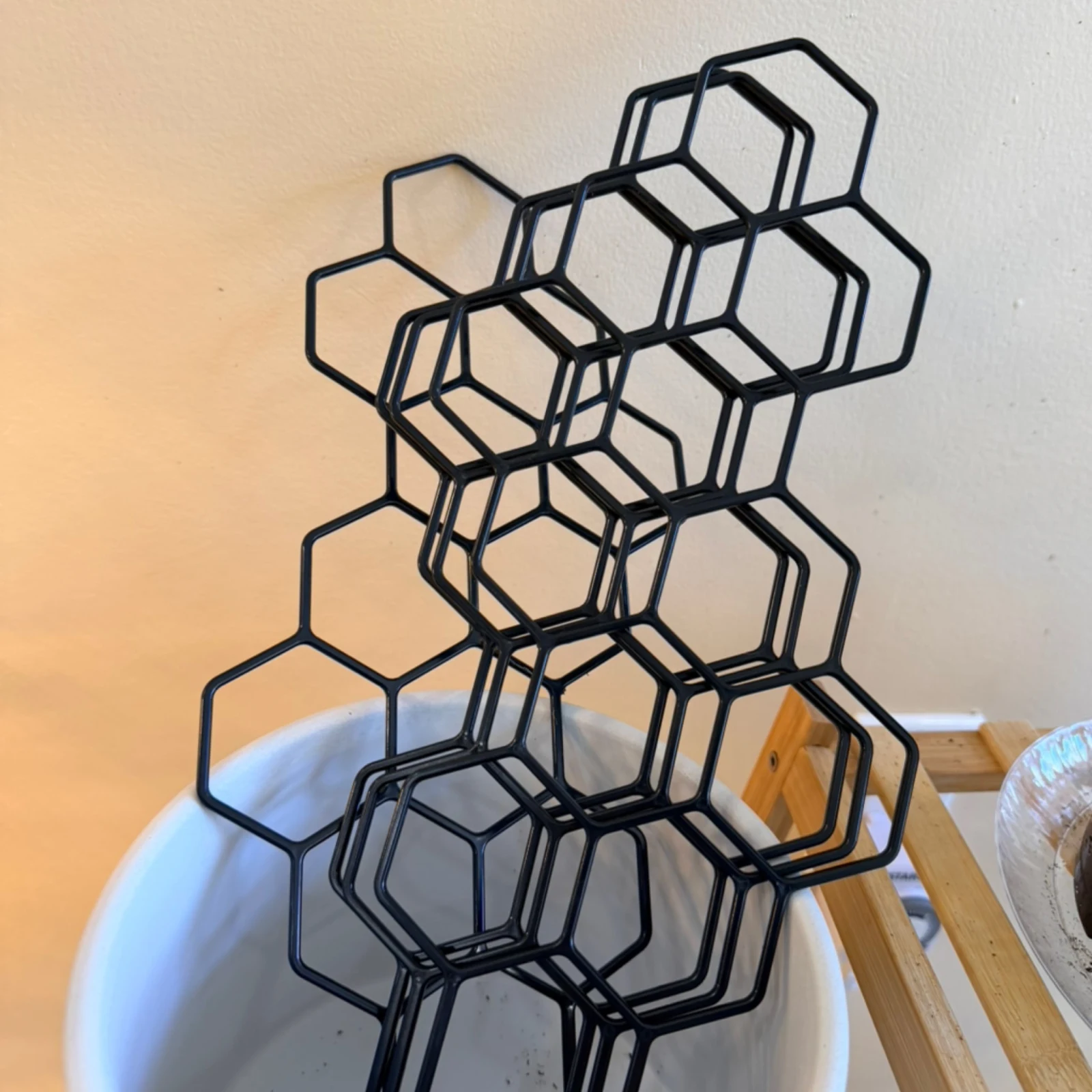 Black Honeycomb Plant Trellis with geometric hexagonal design on white ceramic pot.