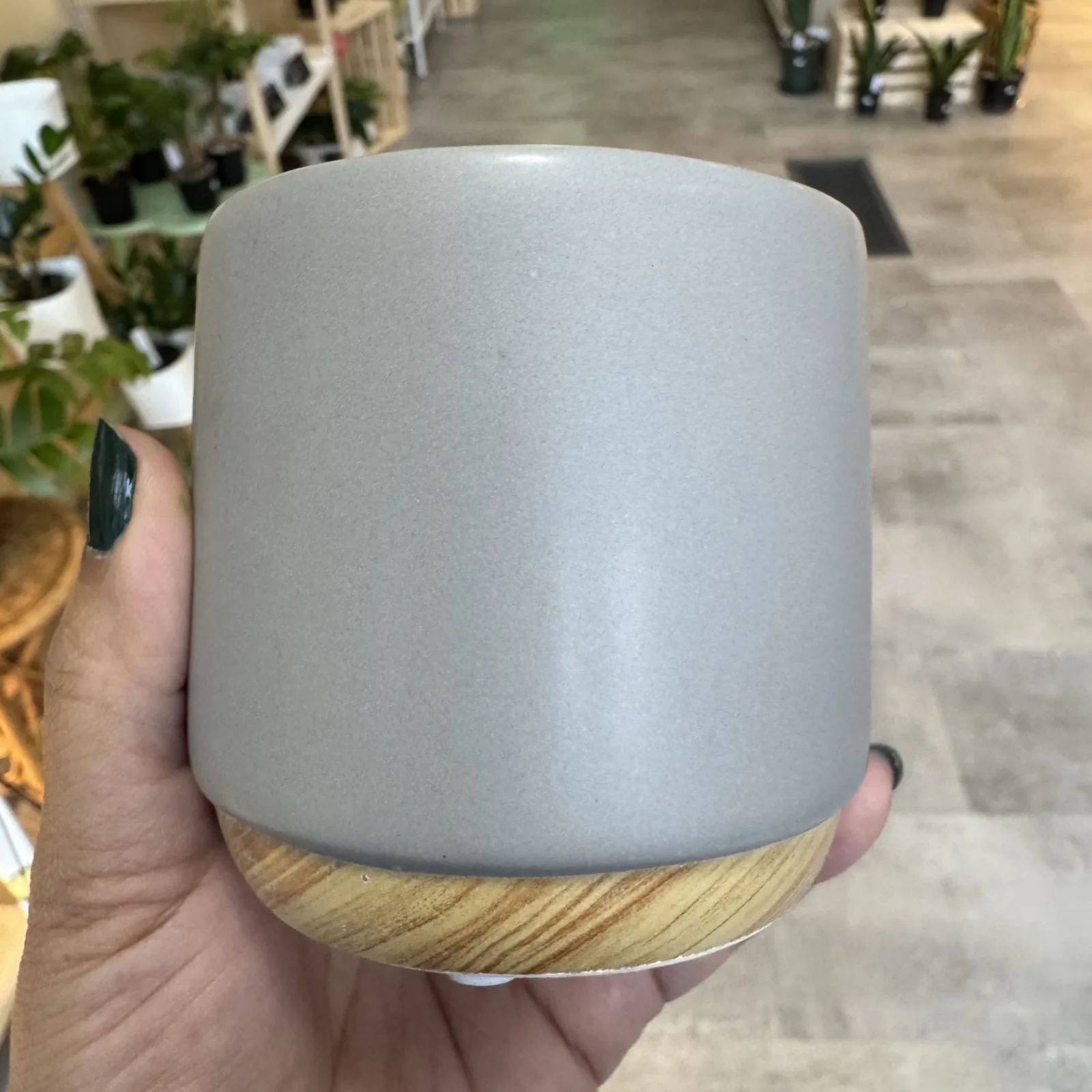 Light Grey Pot Wooden Base ceramic planter with natural wood base held in hand.