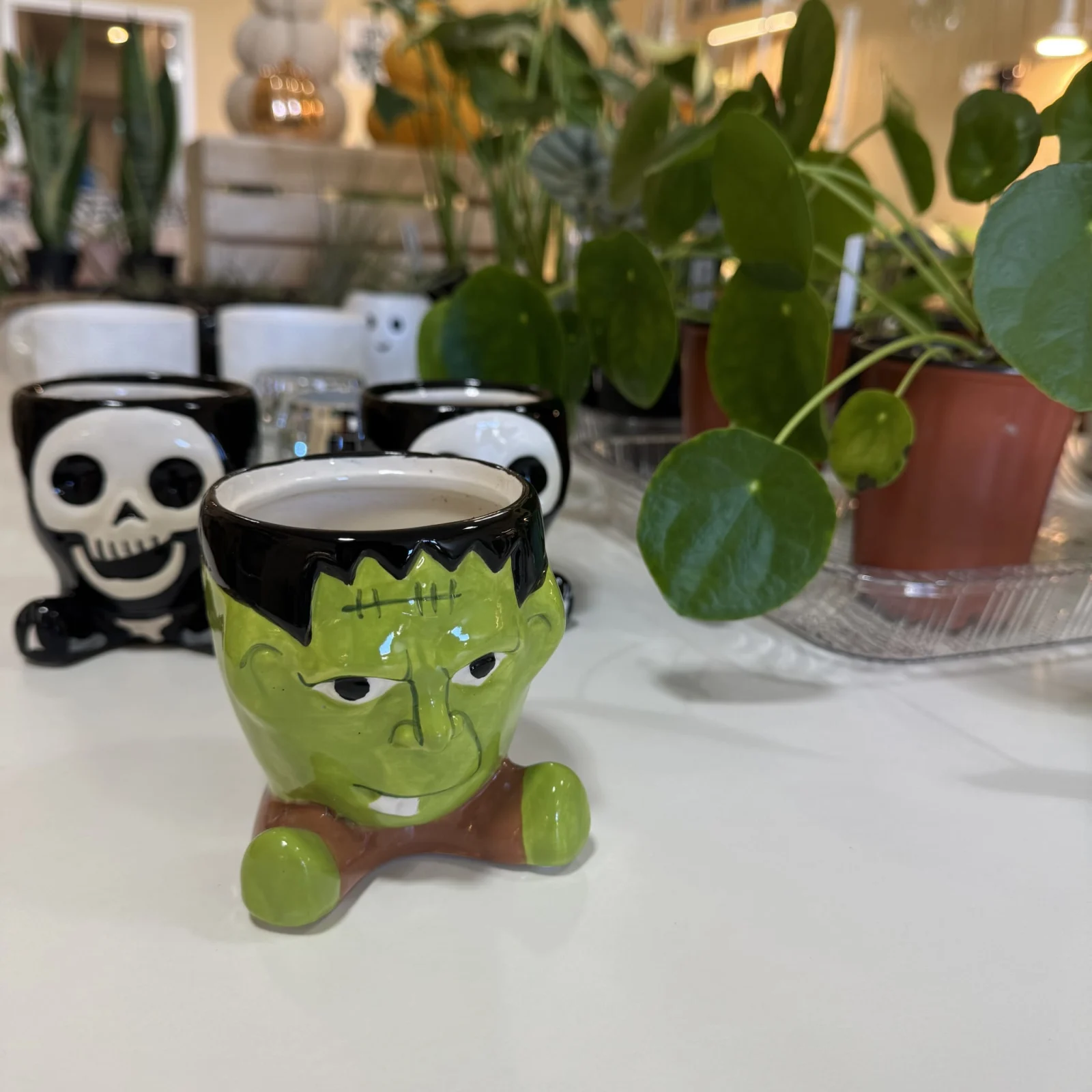 Spooky Monsters w/ Feet Plant Pot with green Frankenstein face design holding succulent plant.