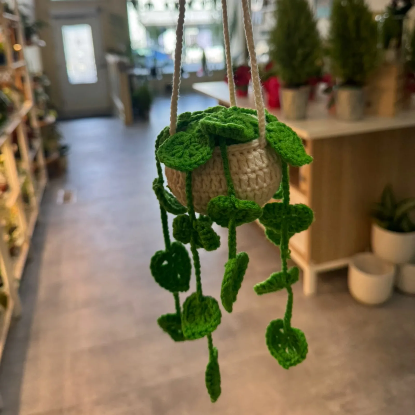 Crocheted String of Hearts Hanging Pot with green yarn leaves in ceramic pot