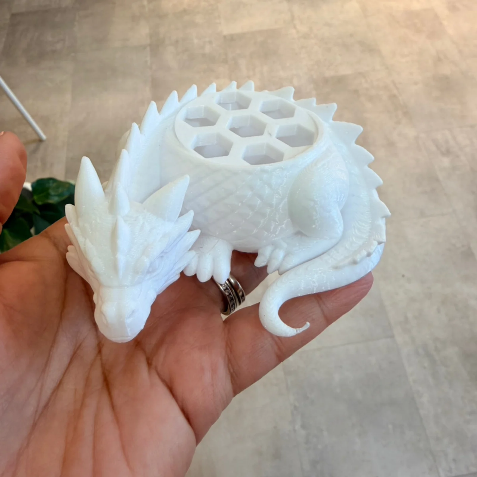 3D Dragon Propagation Station white ceramic plant pot with drainage holes held in hand.