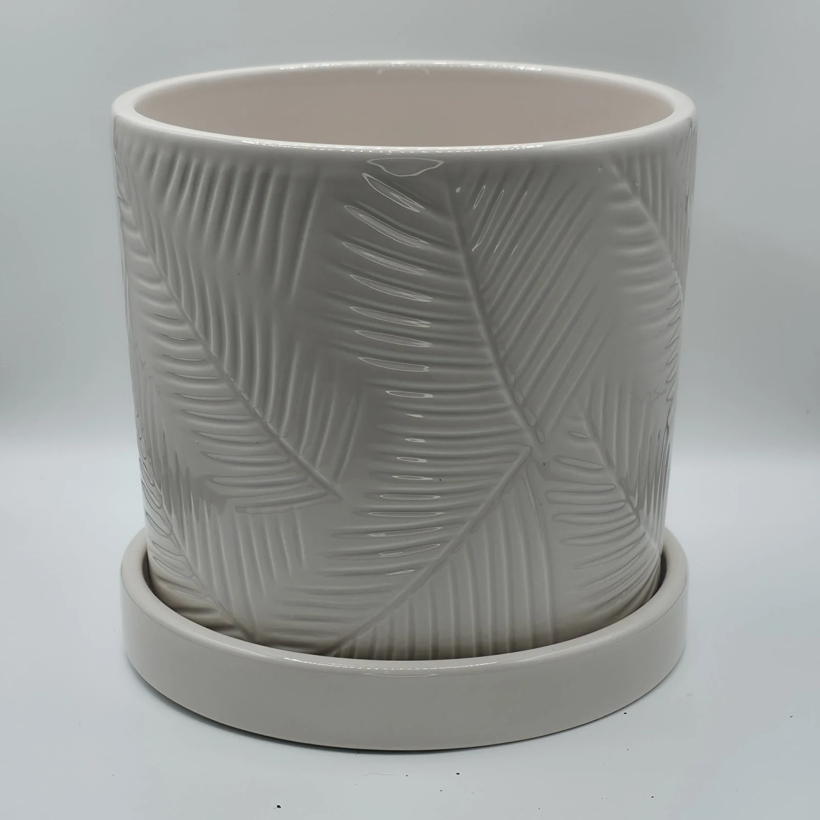 Leaf Pot 6" ceramic planter with embossed tropical leaf pattern and matching saucer.