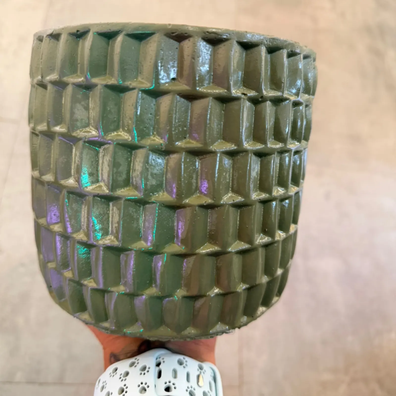 5" Ingo Pot Round Green ceramic textured planter with drainage holes displayed.