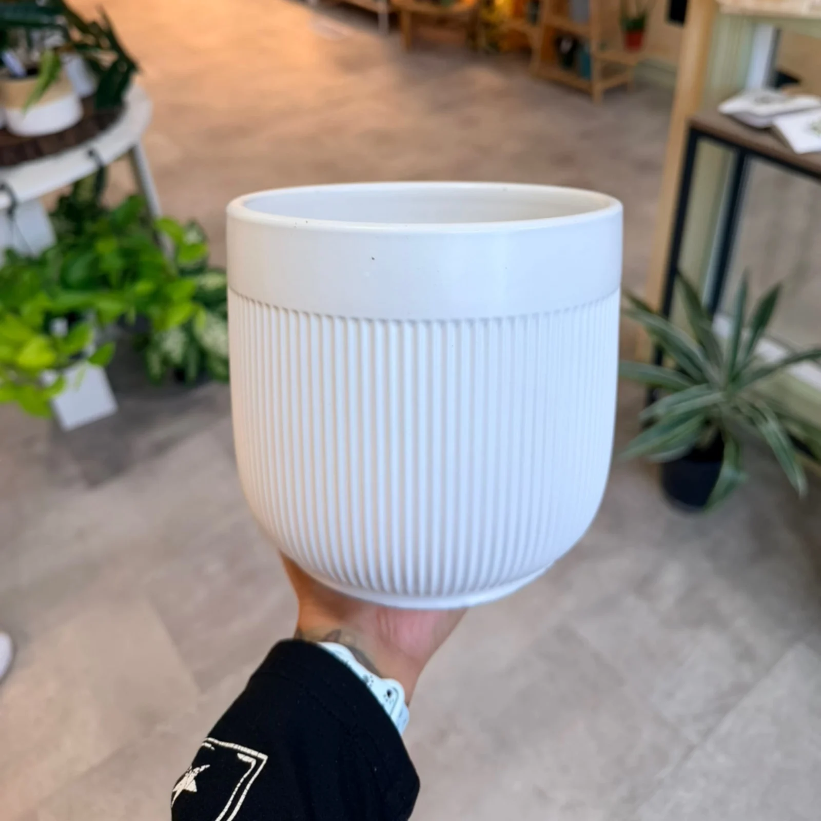 6" White Ceramic Pot with vertical ribbed texture design held in hand