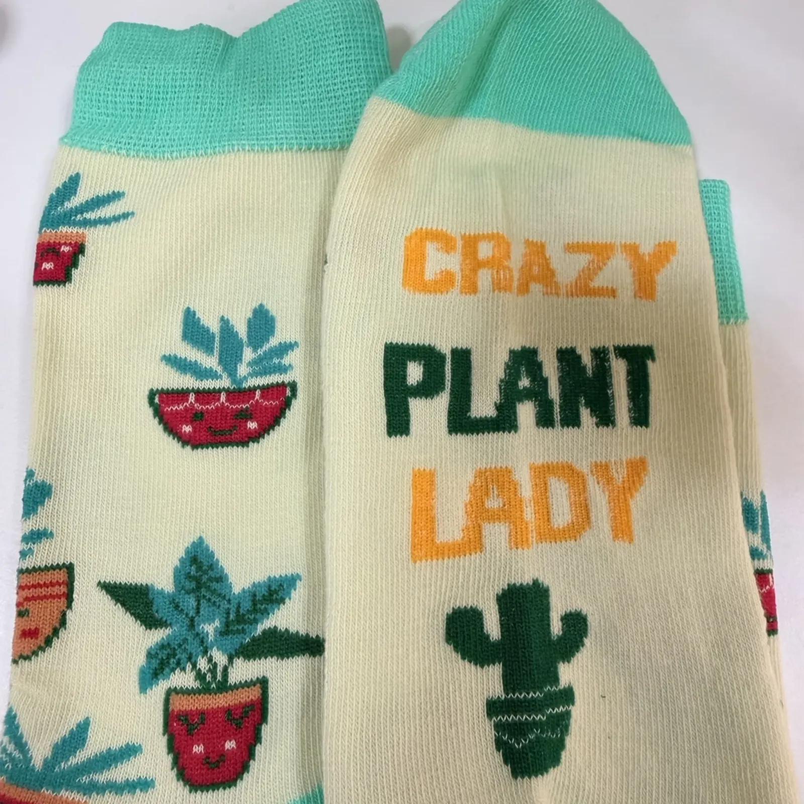 Planty Socks with "Crazy Plant Lady" design featuring potted plants and cactus graphics.