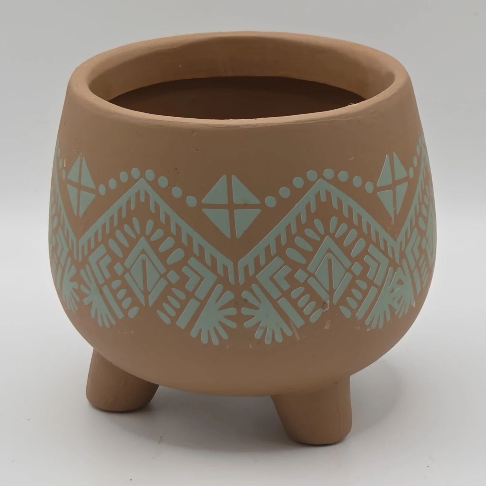 Mayan Terracotta Pot 3" with turquoise geometric patterns and three feet.