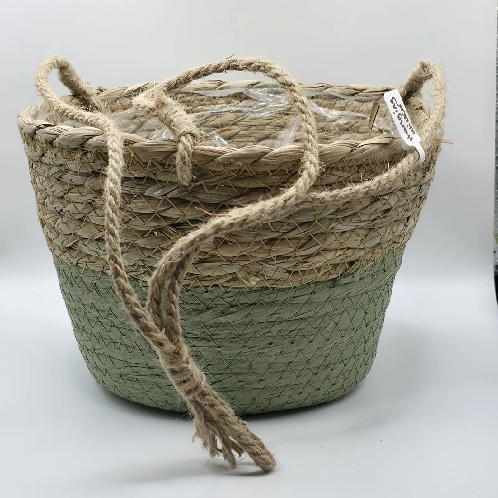 Hanging Wicker 8" basket with rope handles in natural and sage green woven seagrass.