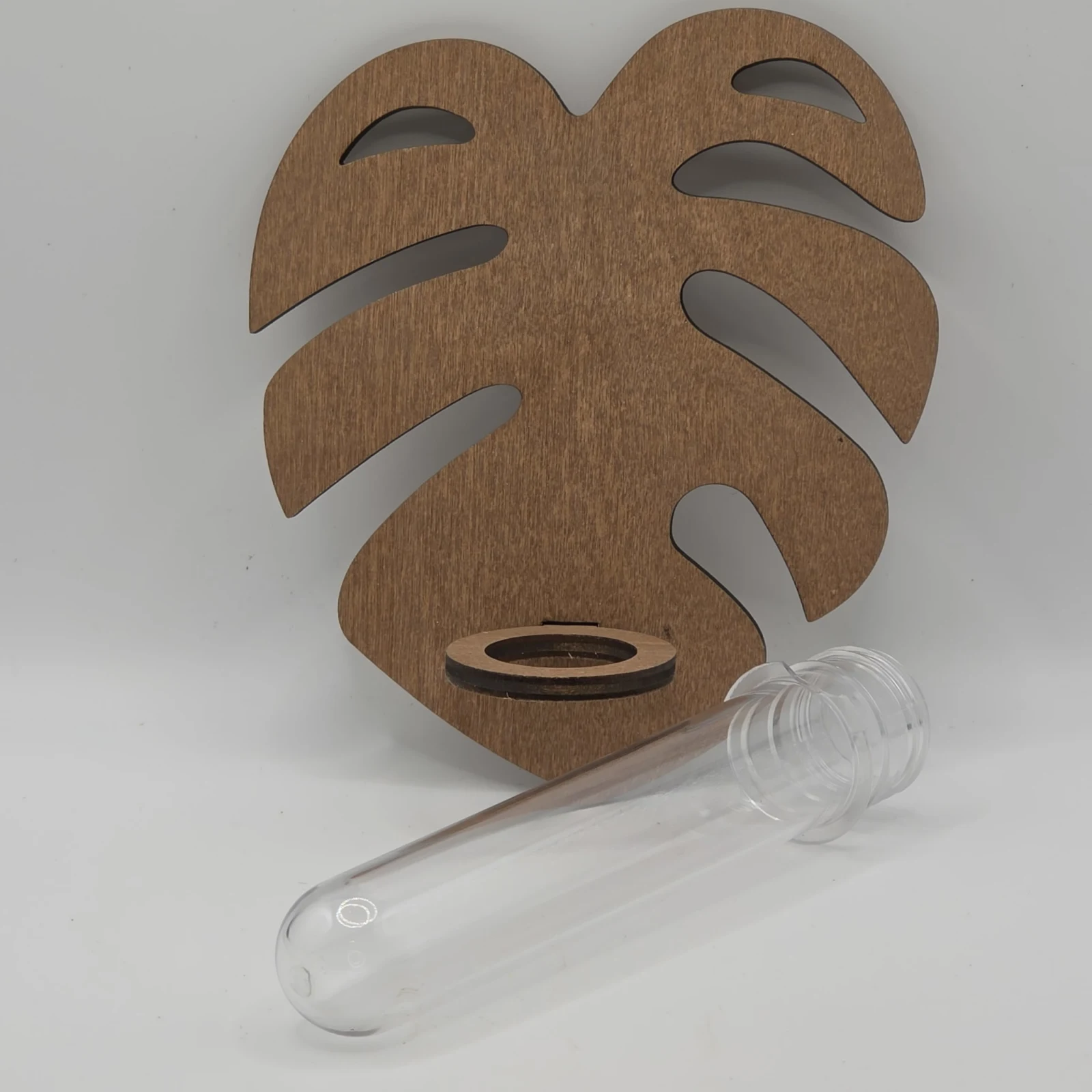 Monstera Leaf Wall Propagation Vessel wooden plant holder with glass water tube