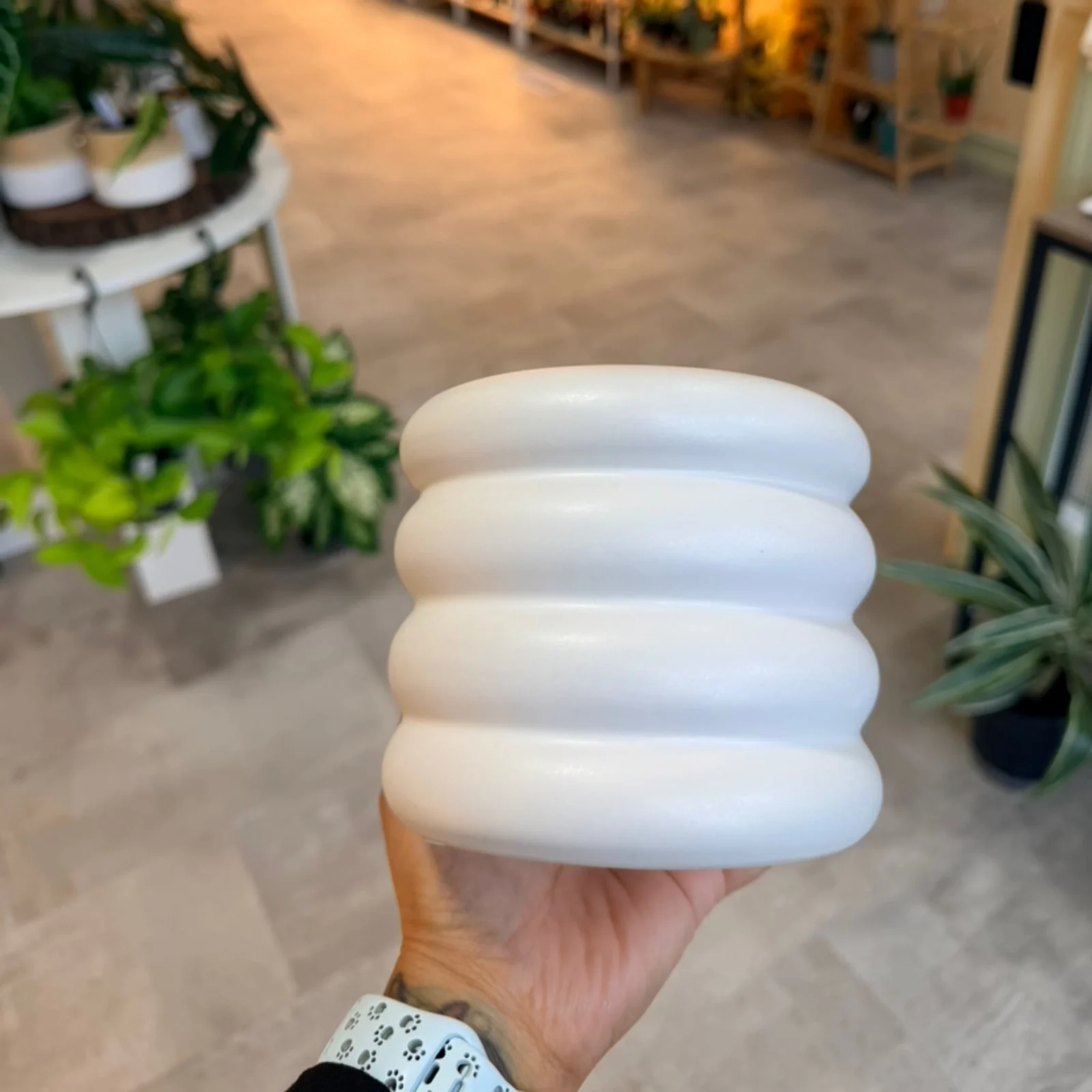 Bubble Pot White 4" modern ribbed ceramic planter held in hand indoors