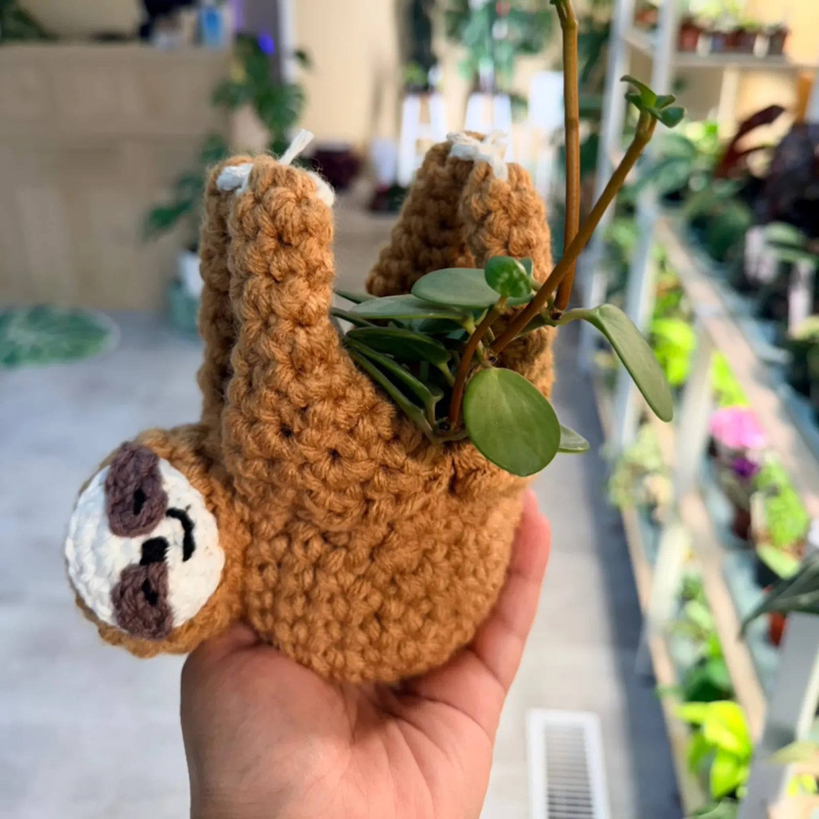 Crocheted Sloth Pot Hanger with green leaves held in hand against blurred background