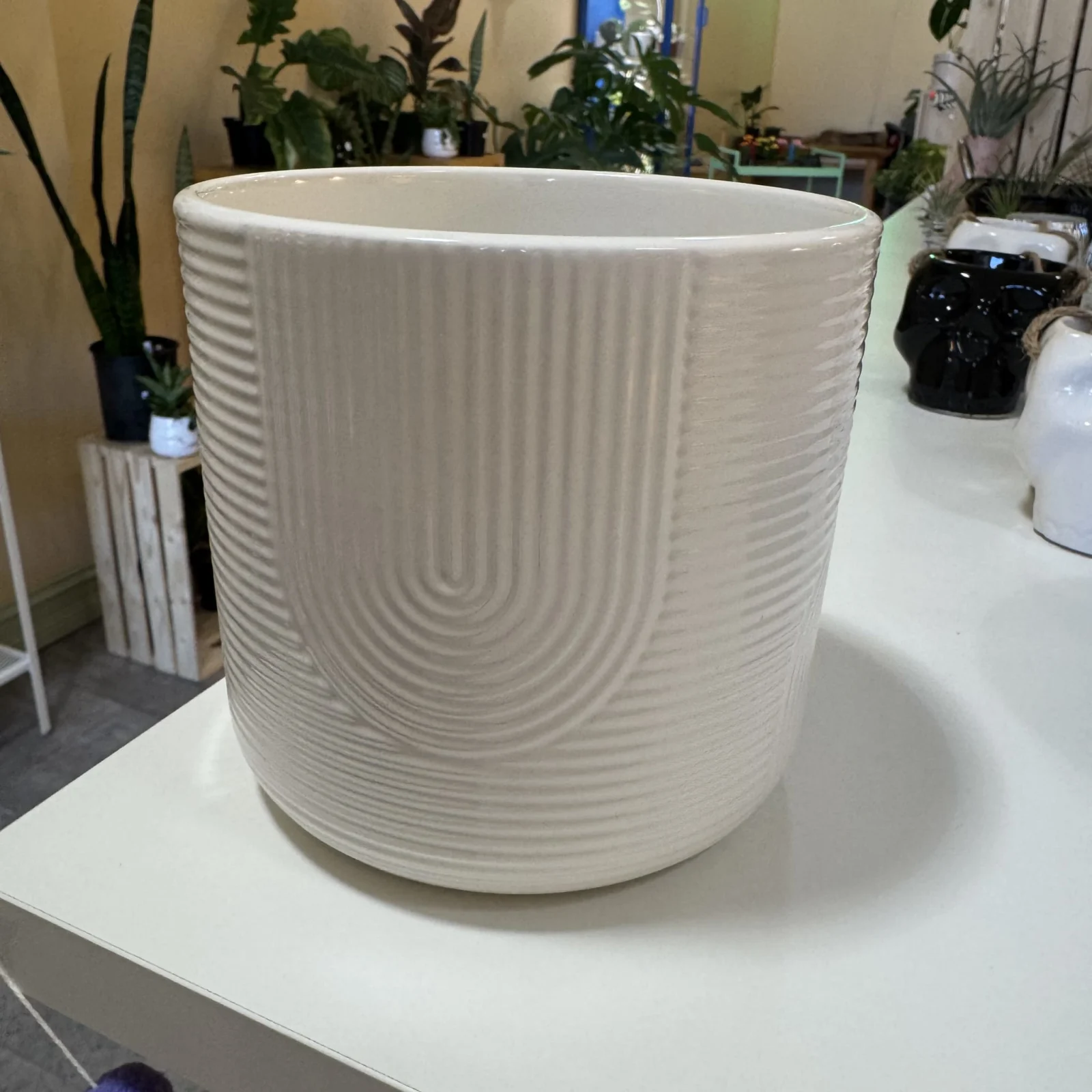 5" Ceramic Pot in white and dark blue with textured ribbed design on display shelf.