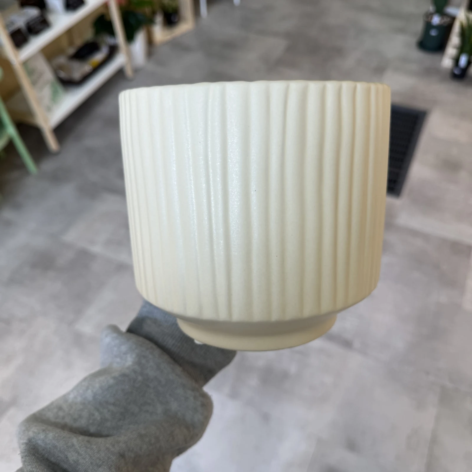 6.25" Cream Ribbed Pot with vertical ridged texture held in hand