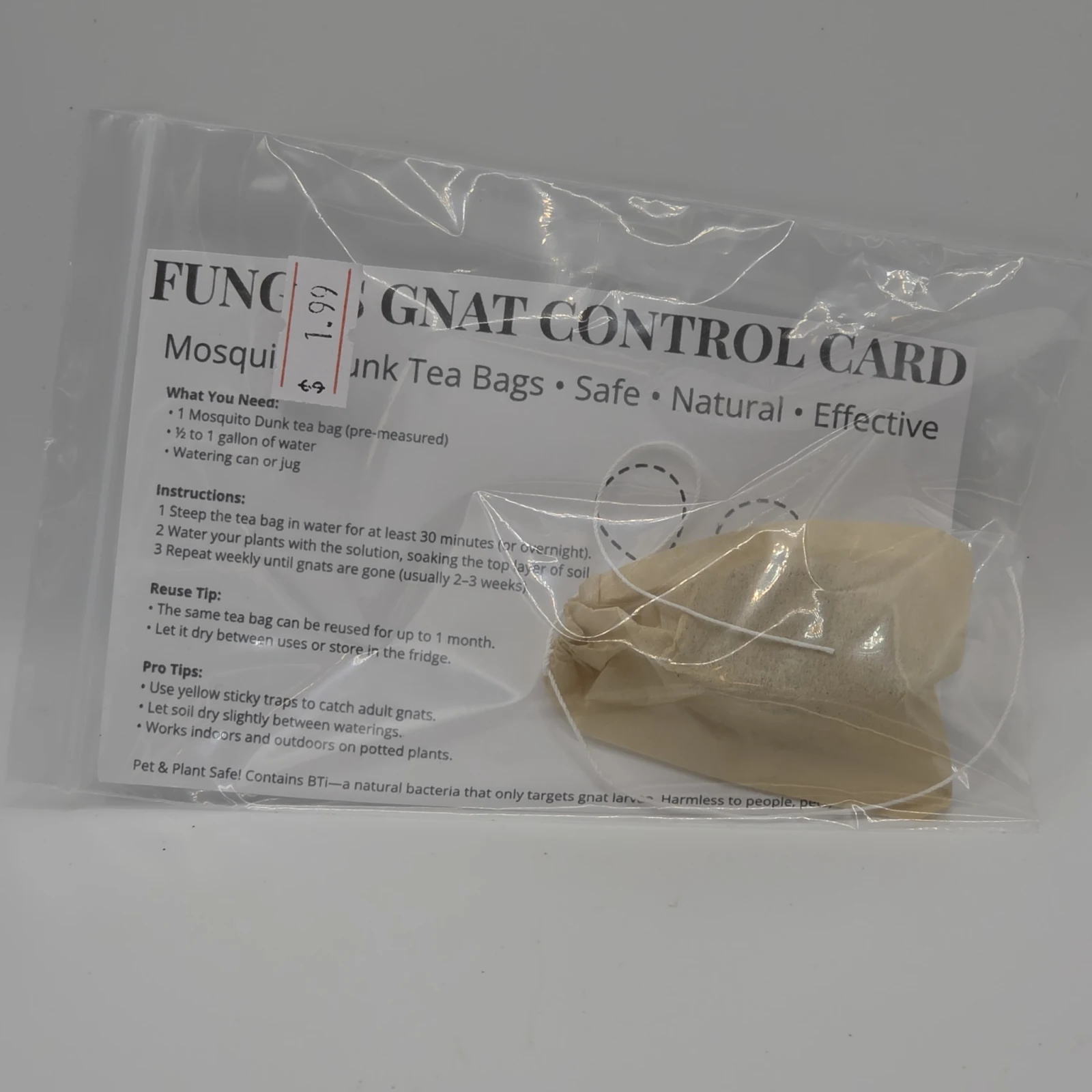 Fungus Gnat Control Card tea bags in clear plastic packaging with instructions label.